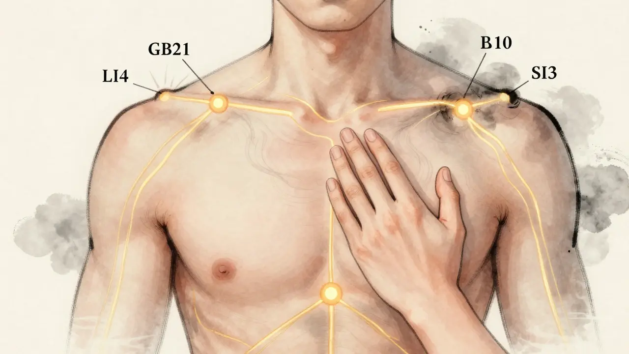 Umelé znázornenie energetických meridiánov v krku a ramenách s označenými akupresúrnymi bodmi.