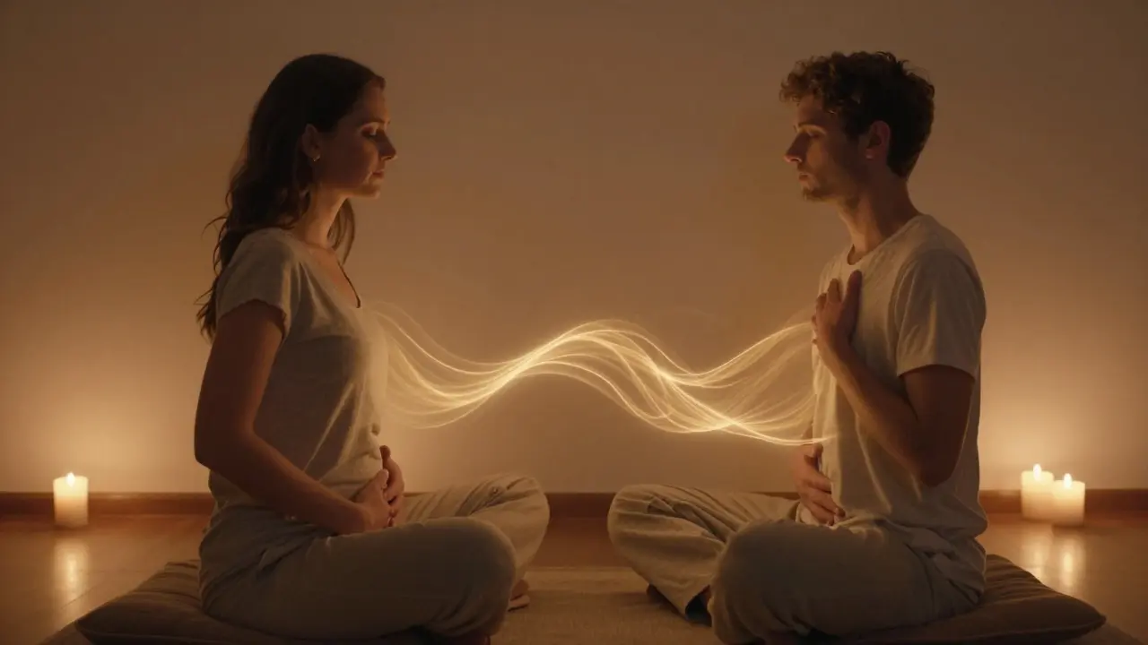 Dva partneri sedia vedľa seba, ich ruky sa dotýkajú brucha a hrudníka, medzi nimi sa šíri jemná energia.