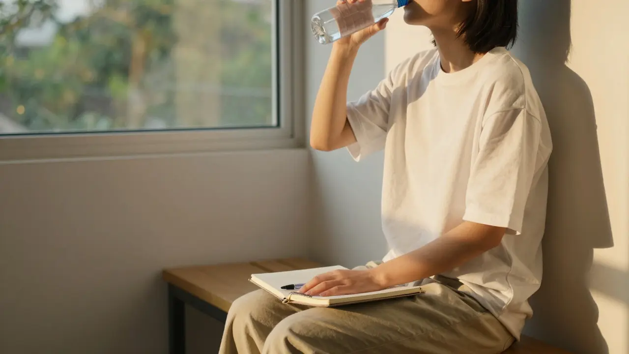 Osoba pije vodu po masáži, sedí pri okne, cíti sa pokojne a obnovene.