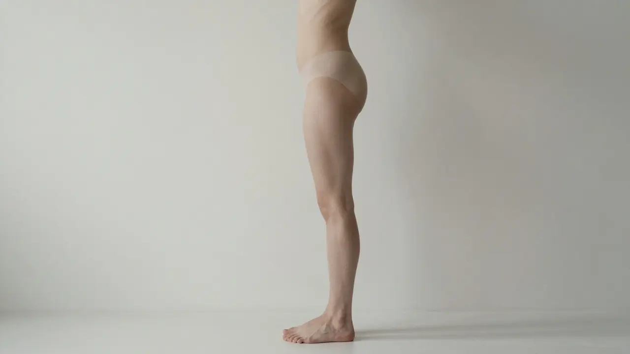 Osoba stojí opretá o stenu, panva jemne tlačená do steny pri správnej pozícii chrbtice.