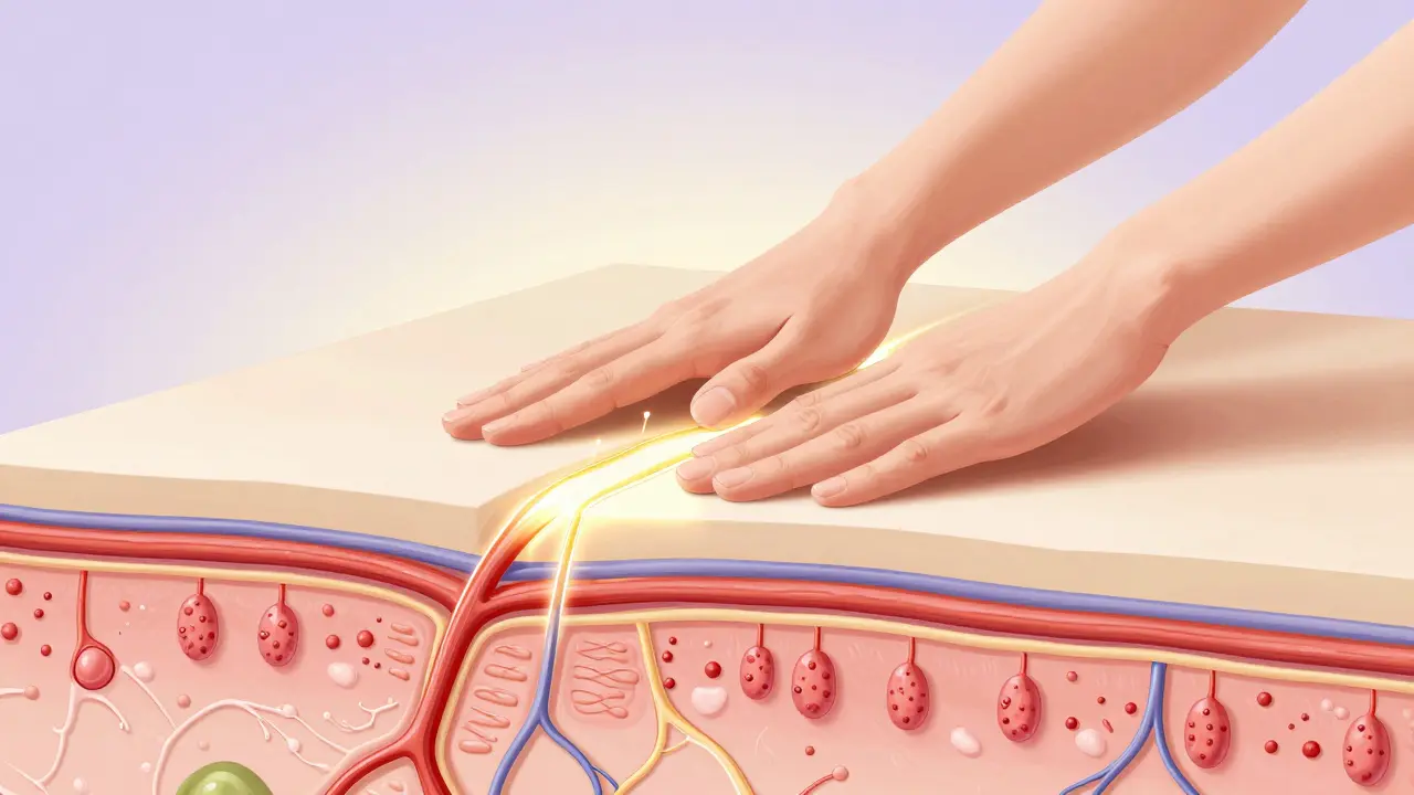 Prierez ľudskej kože počas masáže s označenými krvnými a lymfatickými cievami.