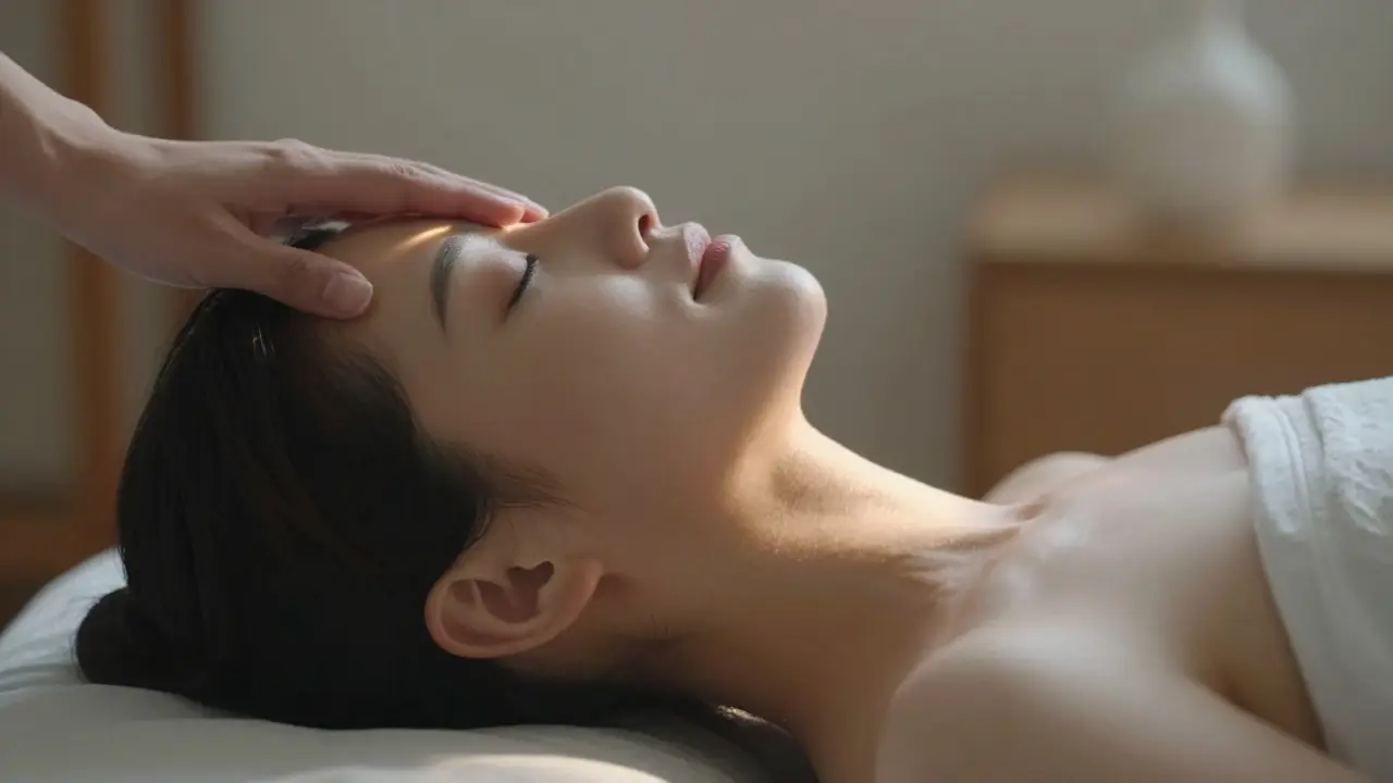 Ruka pokojne ležiaca na čele, s jemným zlatým vlnovým pohybom energie klesajúcim z hlavy po tele.