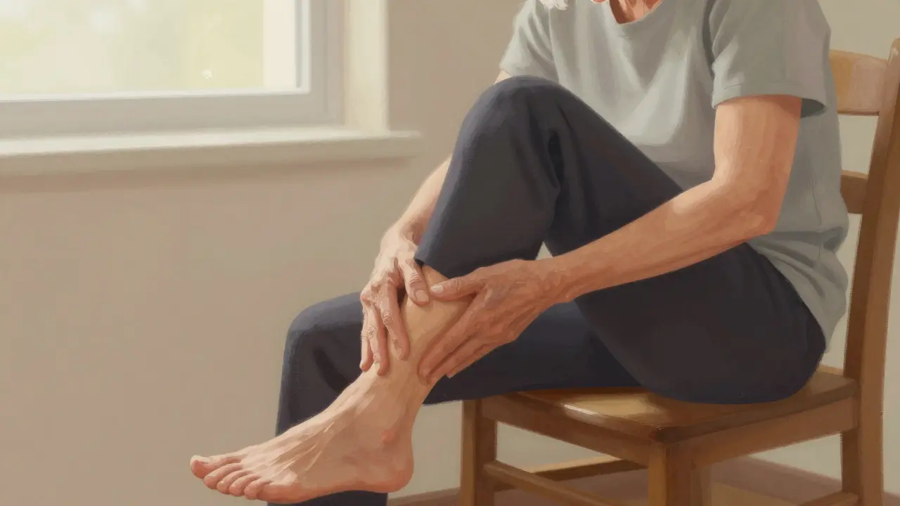 Starší človek sedí na stoličke a jemne tlačí koleno na stranu, aby vyrovnal kĺb.