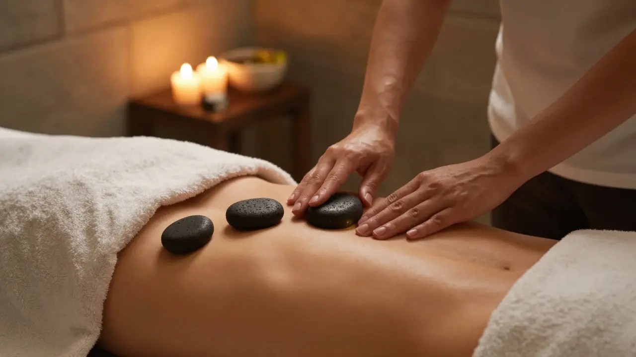 Terapeut pomaly pohybuje lavaovými kameňmi po ramenách klienta v pokojnej spa izbe.