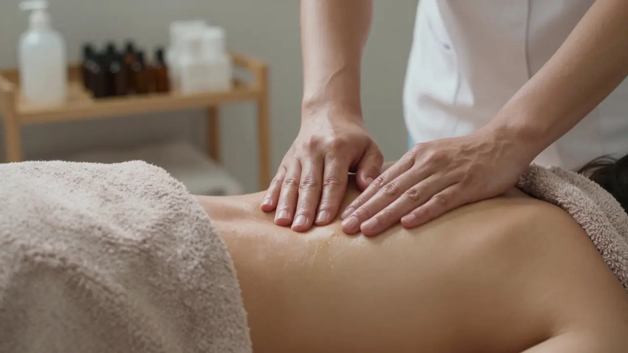 Terapeut sa dotýka chrbta cez ručník, jemný olej na koži, jemné osvetlenie.