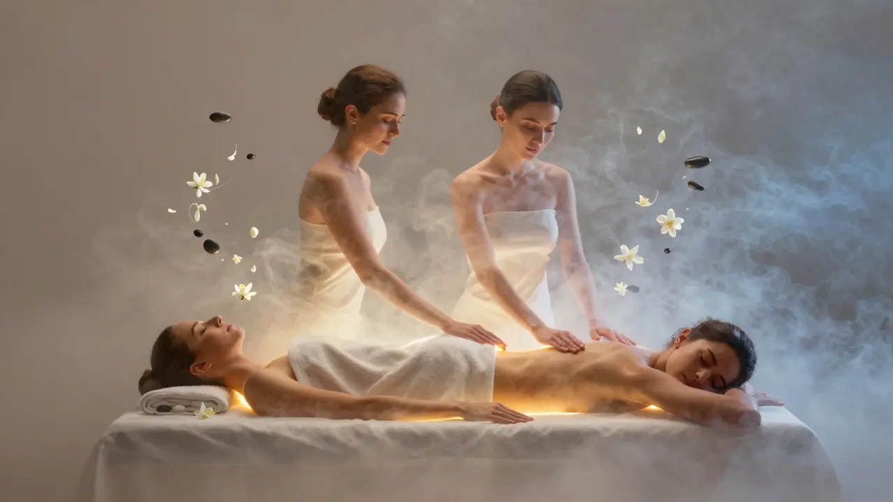Abstraktná scéna dvojice v relaxácii, kde ich telá zářia a okolo nich plávajú kvety jasmínu a tepelné kameňe.