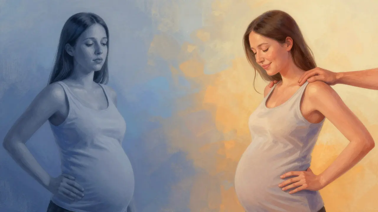 Dve tváre tej istej ženy: jedna unavená, druhá pokojná a šťastná, symbolizujúca premenu po tehotenskej masáži.