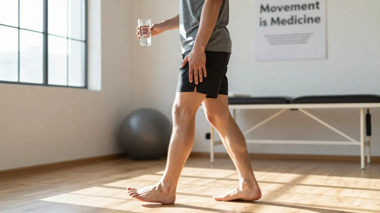 Mladý športovec sa po masáži jemne hybe a pije vodu.