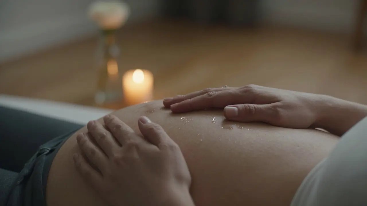 Tehotná žena sa dotýka svojho bruška s očami zatvorenými, slzy na líci, v teplej, klidnej atmosfére.