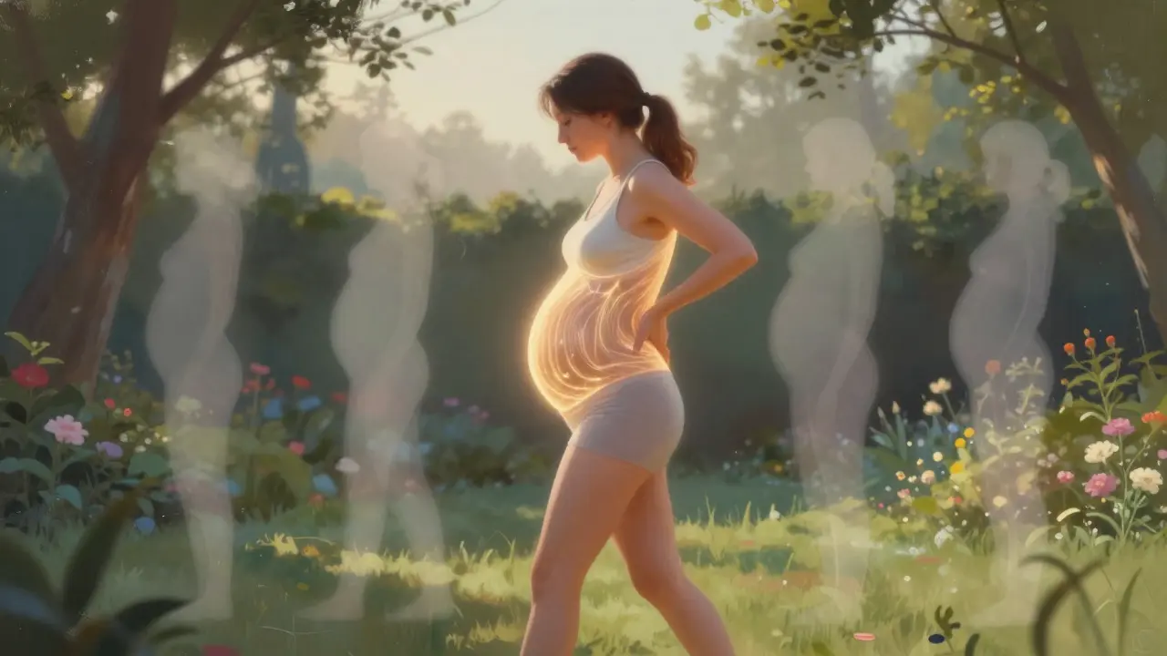 Težná žena kráča v záhrade na rannom svetle, s jemným zlatým zábleskom okolo chrbta.