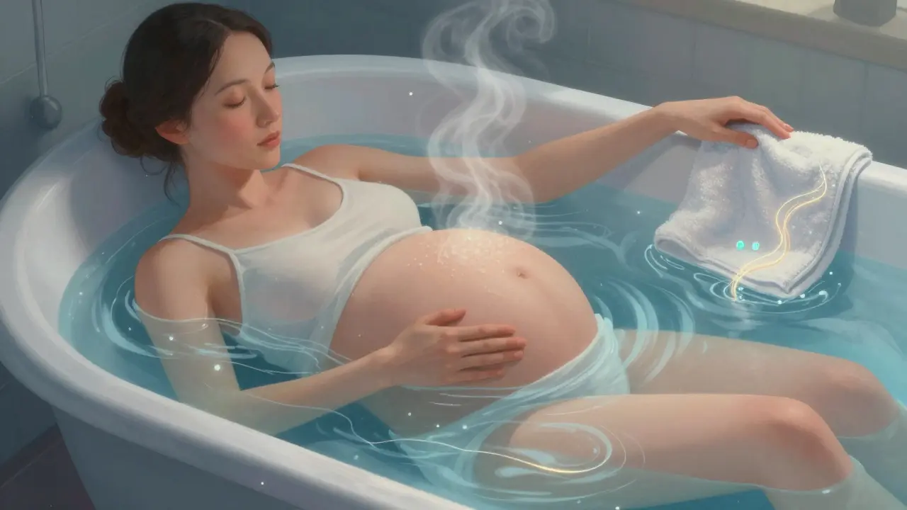 Težná žena v teplej kúpeľnici, pláva v kúpeľi s Epsomovou soľou, parí sa z vody.