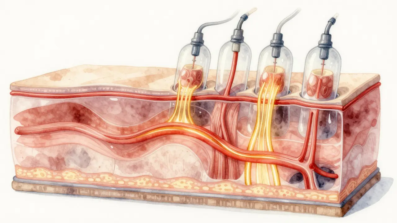 Vnútorný pohľad na zvýšený krvný obeh v svaloch a tkanivách počas vakuoterapie, znázornený jemnými farbami.