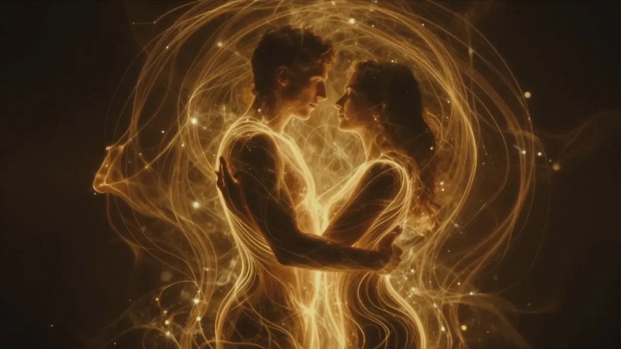 Abstraktné zlaté energetické prúdy spájajúce dve siluety v objatí.