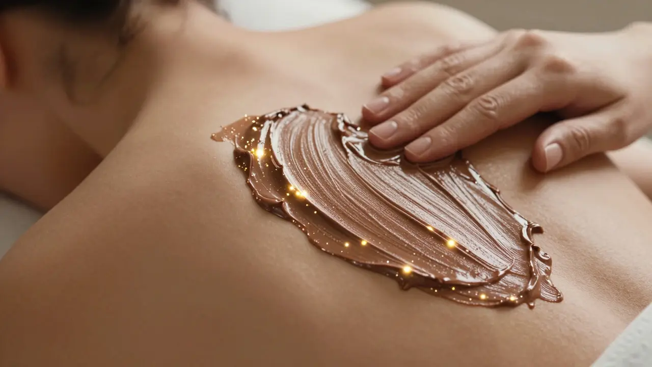 Detail aplikácie čokoládového masla na pokožku s vizuálnym efektom regenerácie.