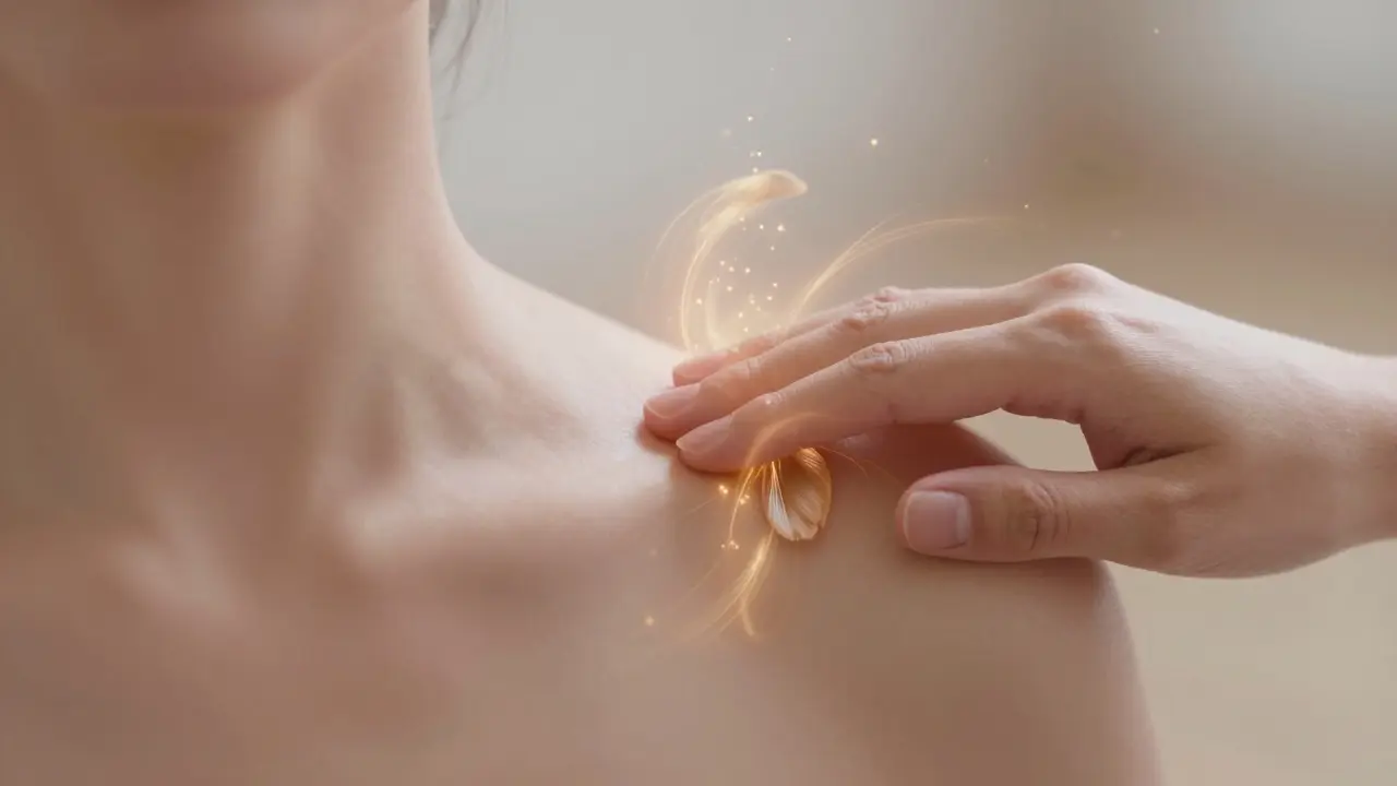 Detail jemného dotyku dvoch rúk s vizuálnou predstavou energetického prúdu.