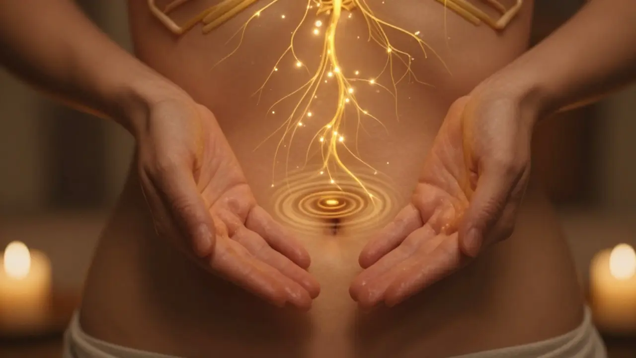 Detail rúk vyvolávajúcich prúd zlatého svetla a energie v tele počas tantrickej praxe.