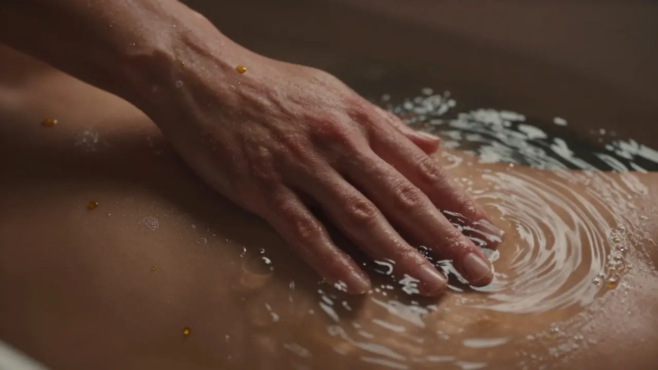 Detail ruky v teplej vode s esenciálnymi olejmi.