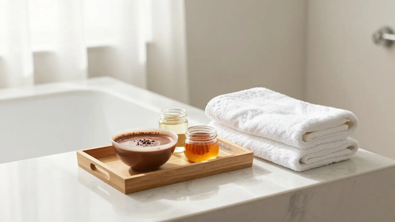 Domáca súprava na čokoládovú masáž s kokosovým olejom a medom v svetlej kúelni.