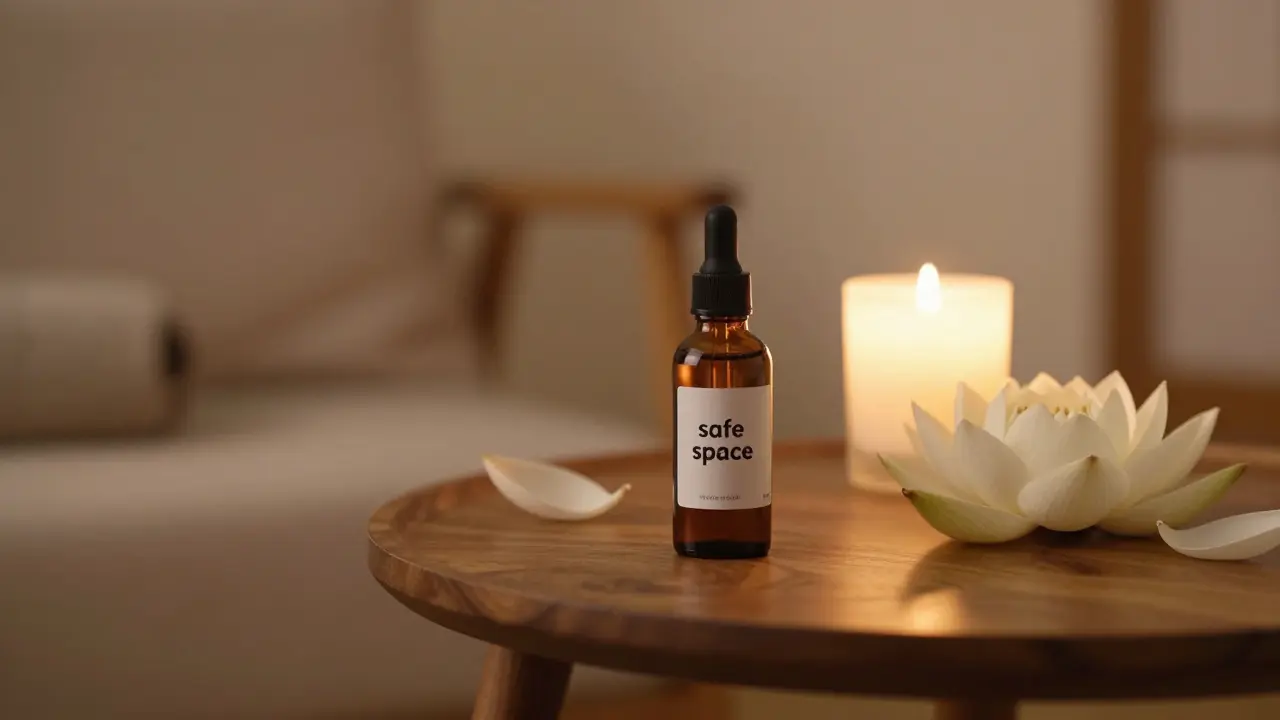 Knižnica s bio olejom a sváčkou v pokojnom priestore pre tantrickú prax.