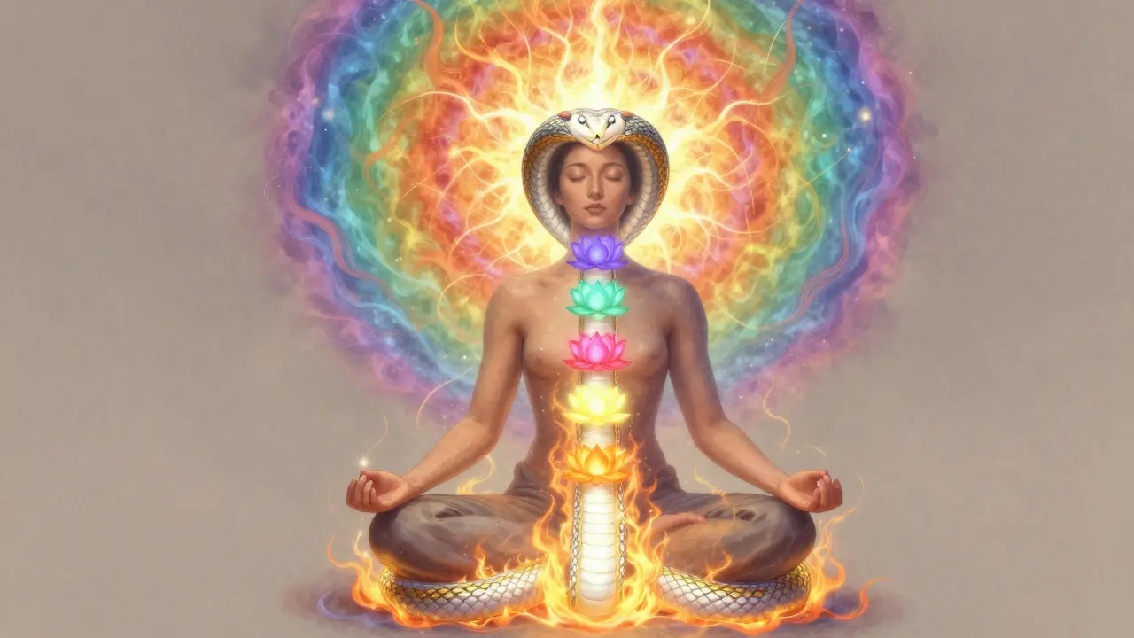 Meditujúca osoba s prebudenou energiou Kundalini stúpairúcou chrbticou k temene hlavy.