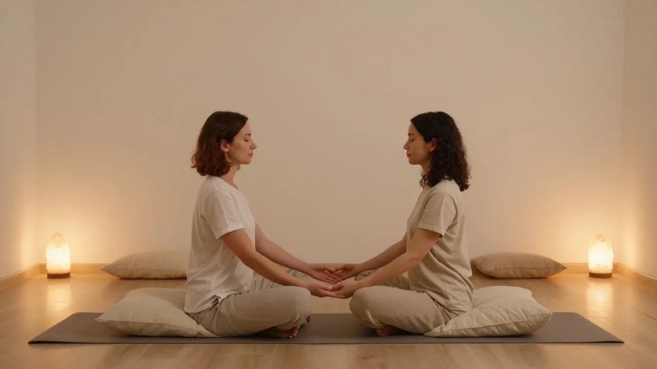 Pár v pokojnom, tlmenom priestore medituje a drží sa za ruky, aby obnovil intimitu.