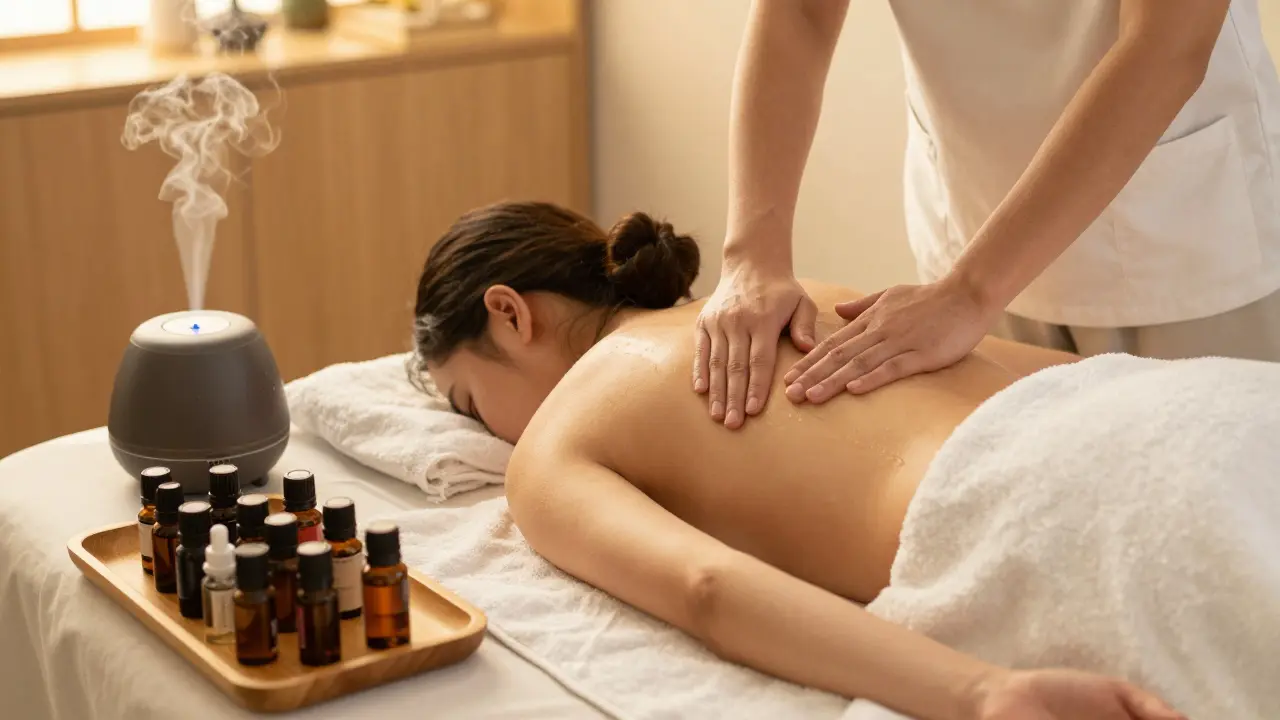 Profesionálna aromaterapeutická masáž chrbata v tichom relaxačnom prostredí.