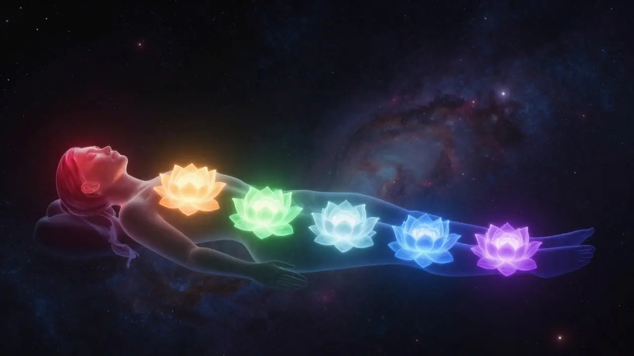 Silueta človeka s vyžiarenými čakrami v tichu a energetickej harmónii.