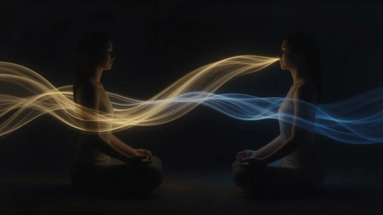 Dve postavy v meditácii spojené svetelnými prúdmi predstavujú synchronizáciu dychu.