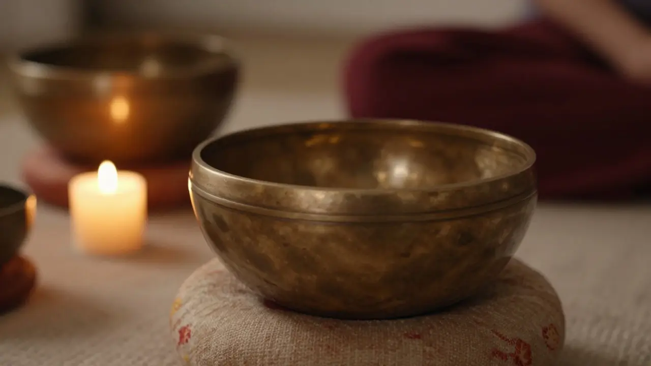 Tibetská spevacia misa na vankúši pri teplom svetle sviečky