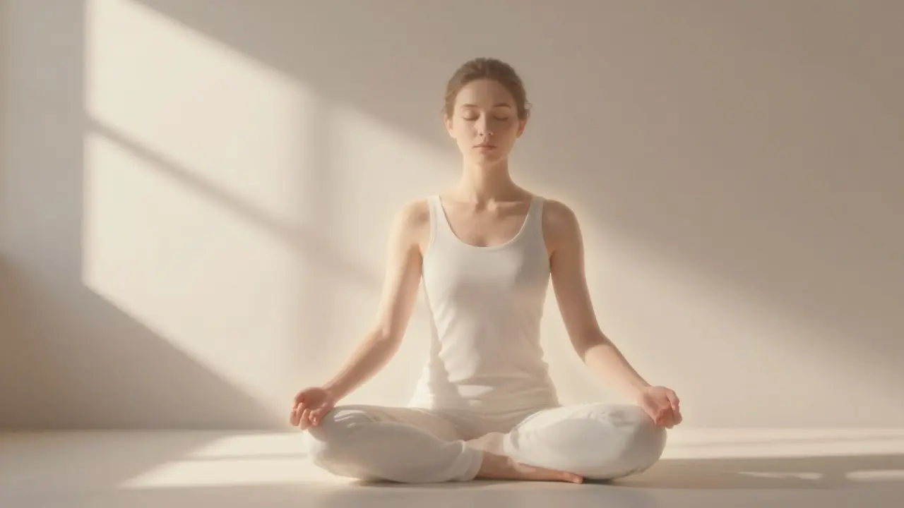 Človek v meditácii s jemným svitom, symbolizujúci dýchanie