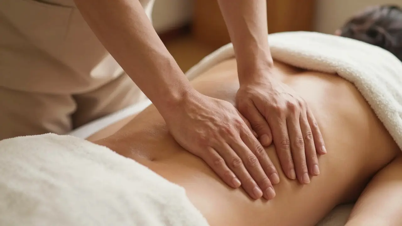 Detail rukou terapeuta aplikujících tlak na záda klienta během masáže