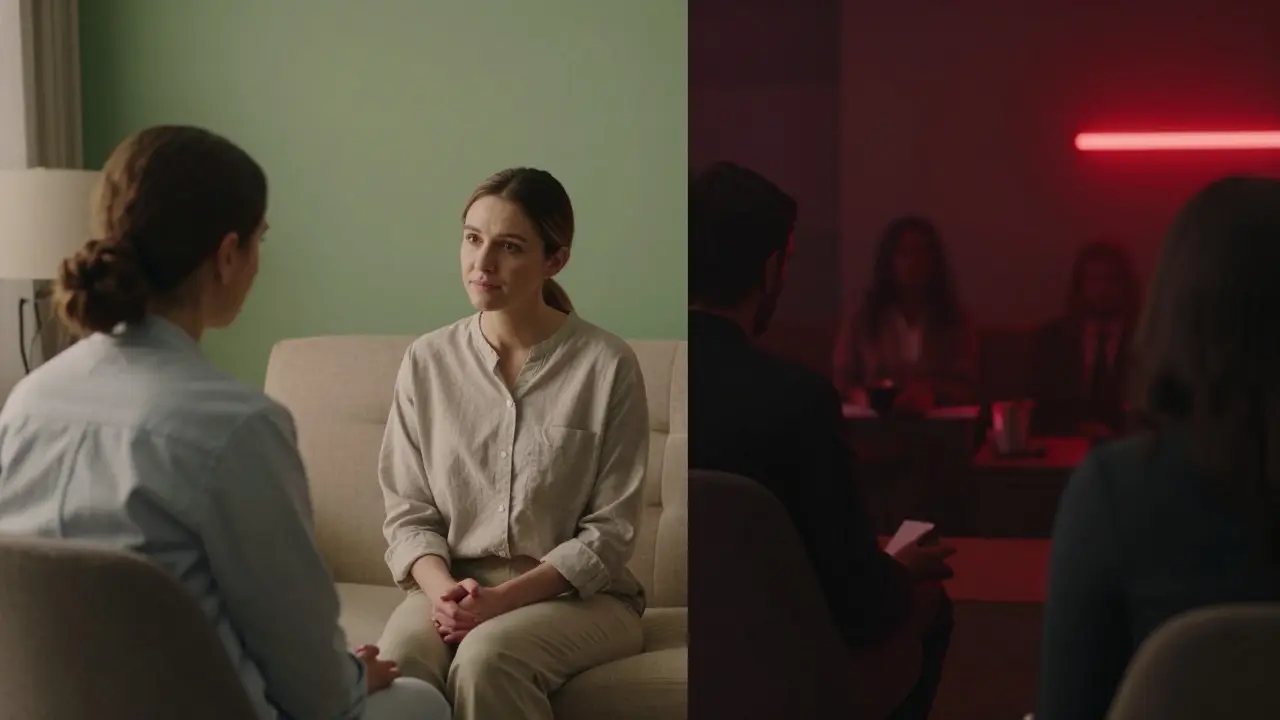 Rozdelený obrázor kontrastujúci pokojnú terapiu s temnou komercializáciou sexuálnych služieb.