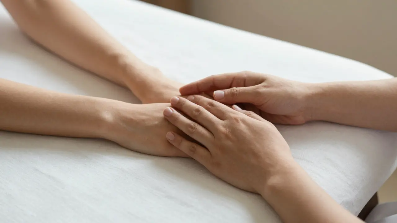 Ruky terapeuta rešpektujúce hranice klientky