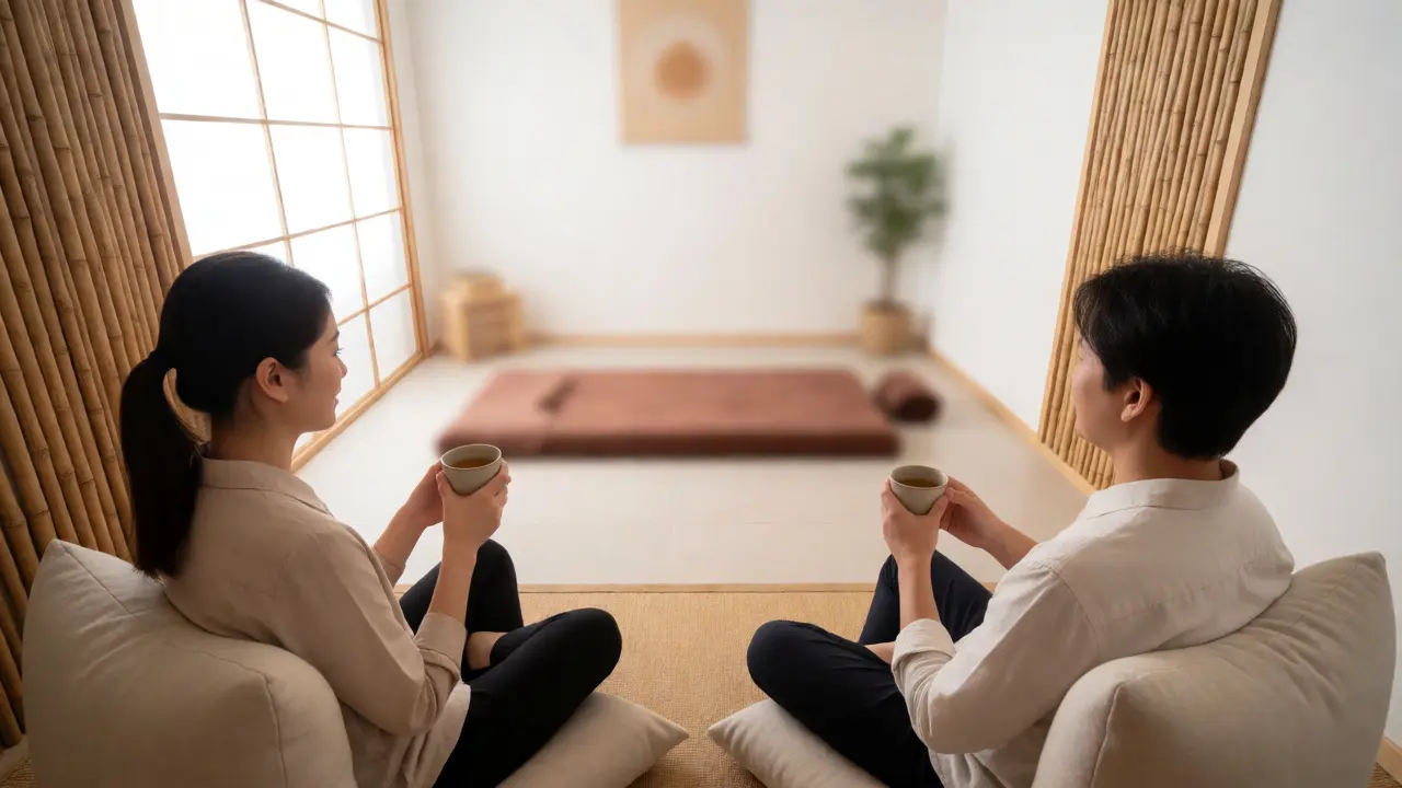 Klienti relaxujúci po nuru masáži pri čaji v japonsky ladenom salóne