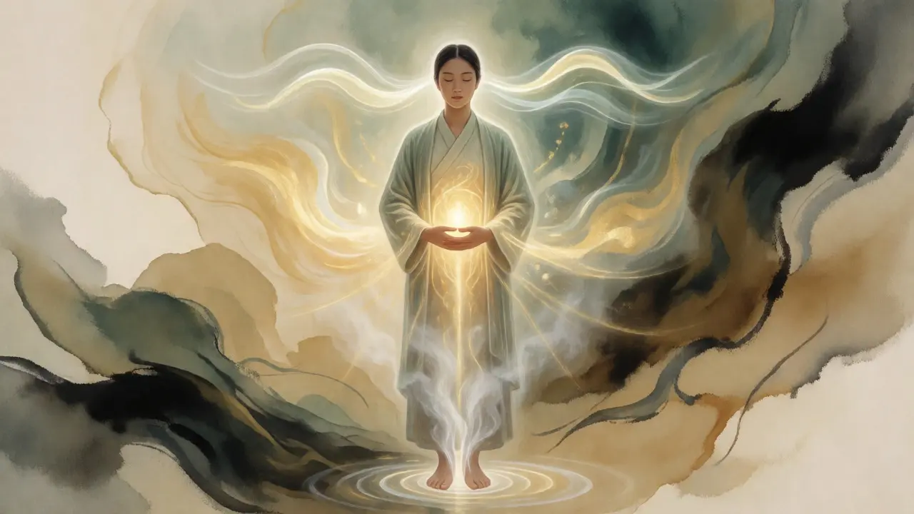 Abstract visualization of holistic health benefits with golden energy and calm waves.