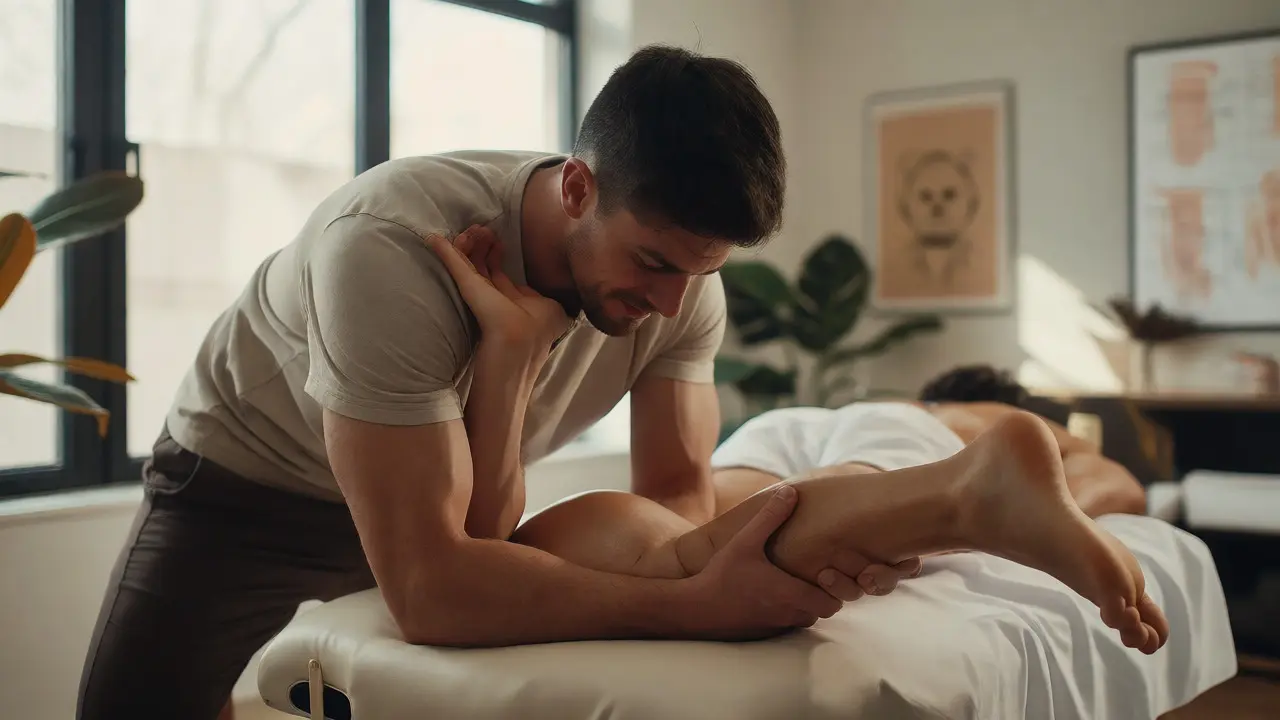 Športový masér vykonáva hlbokú masáž hamstringov športovca
