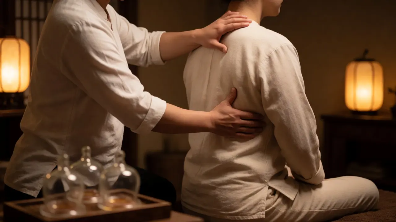 Therapist performing Tuina massage on a clothed client in a warm, serene room.
