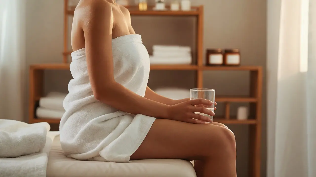 Uvoľnená osoba po masáži drží pohár vody v osvetlenom spa