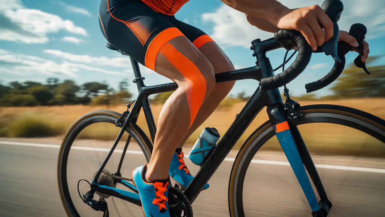 Cyklista s tejpom na stehne počas jazdy, znázornenie podpory pri pohybe